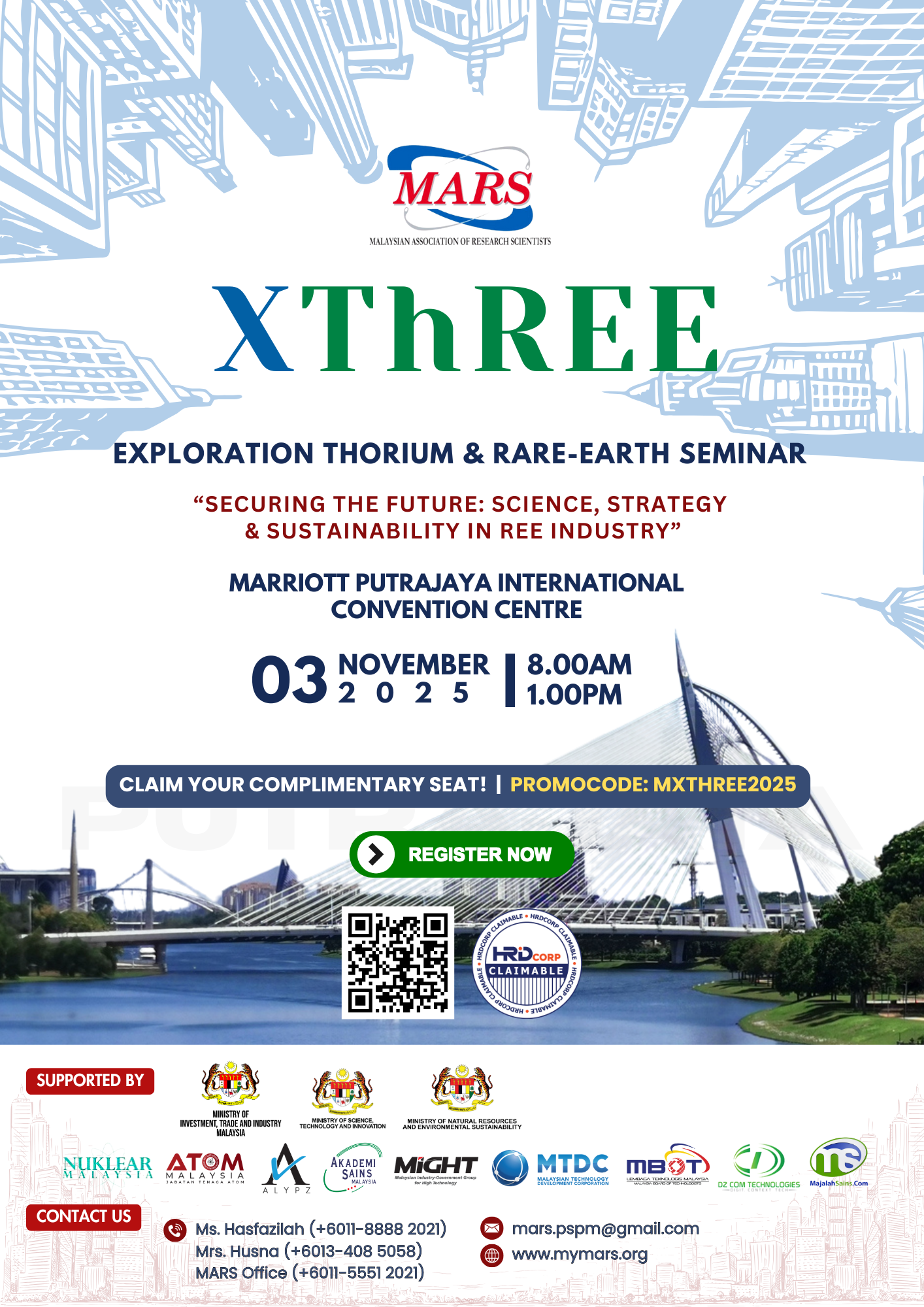 XThREE Seminar Event Poster showcasing exploration, thorium and rare-earth research at Putrajaya Marriott International Convention Centre